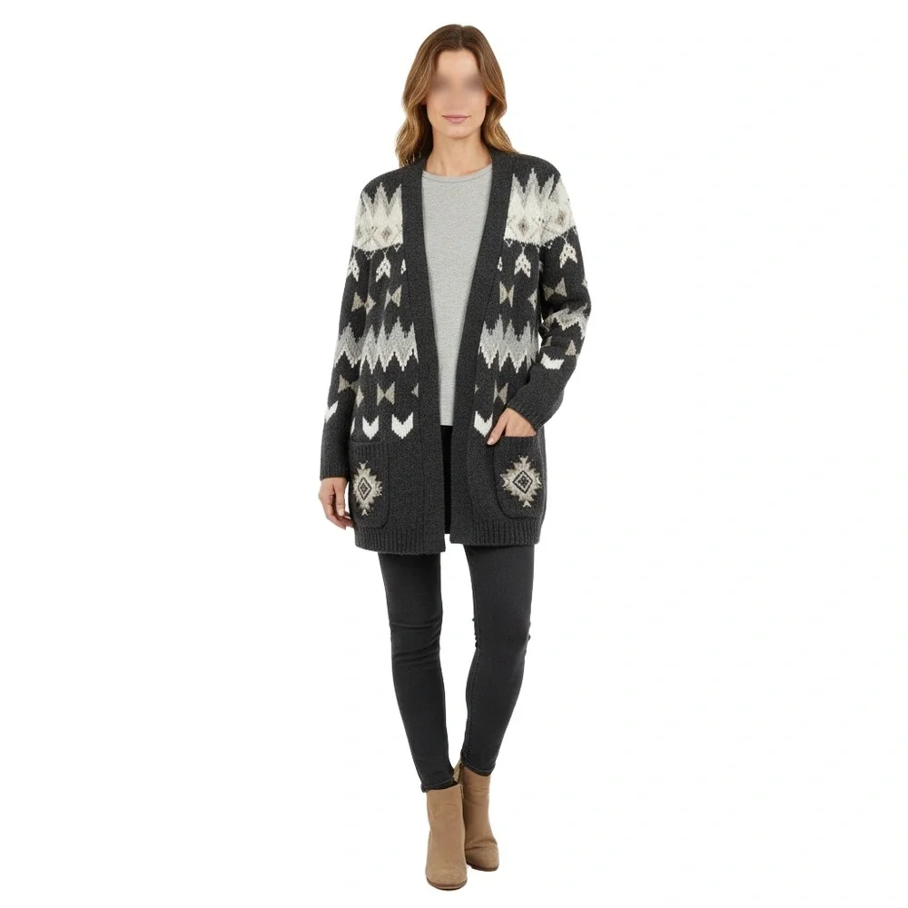 J.Jill Womens Cardigan Size‎ L Gray Fair Isle Beaded Pockets Scandi Coastal Wool